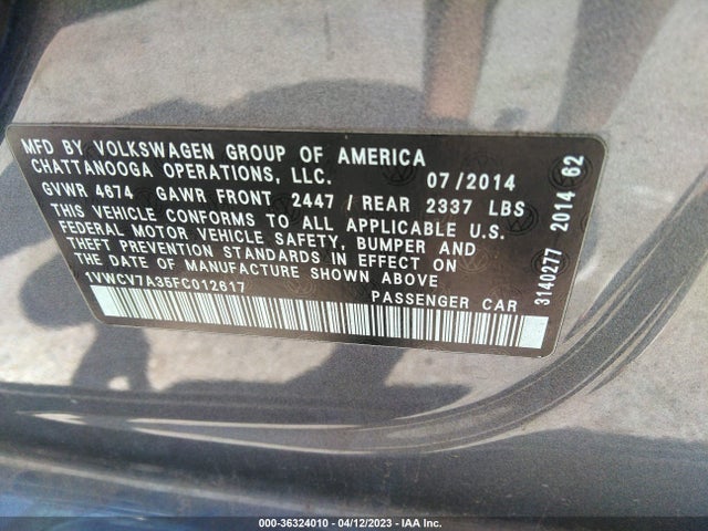 1VWCV7A35FC012617 Volkswagen Passat 2.0l Tdi Sel Premium