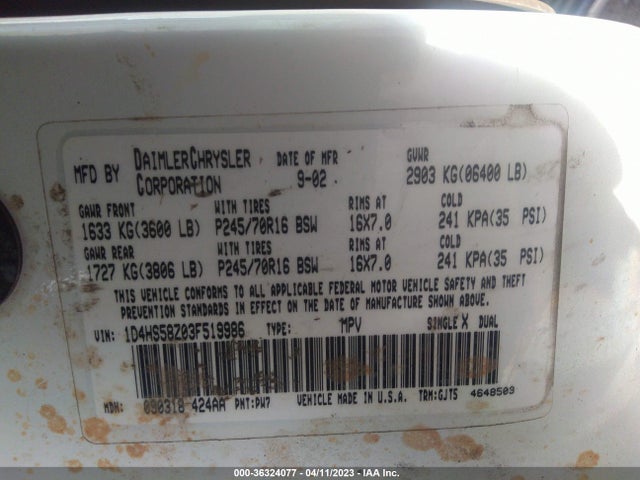 2003 DODGE DURANGO SLT PLUS VIN: 1D4HS58Z03F519986