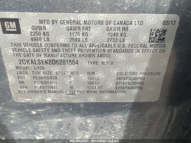 2013 GMC TERRAIN SLE VIN: 2GKALSEK8D6281564