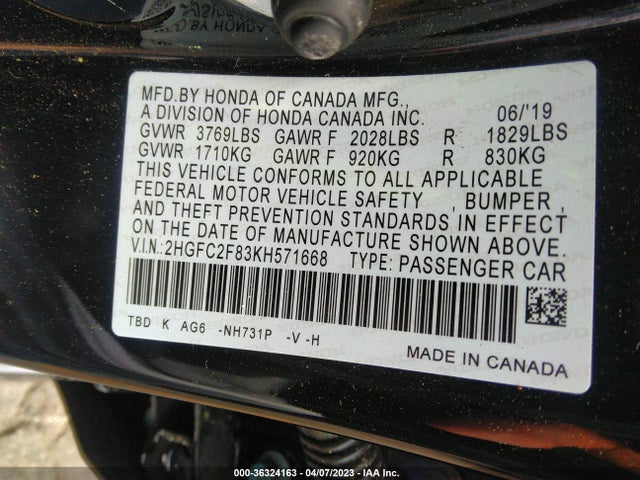 2019 HONDA CIVIC SEDAN SPORT VIN: 2HGFC2F83KH571668