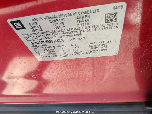 Chevrolet EQUINOX LT 2015 2GNALBEK8F6353546 Image 11