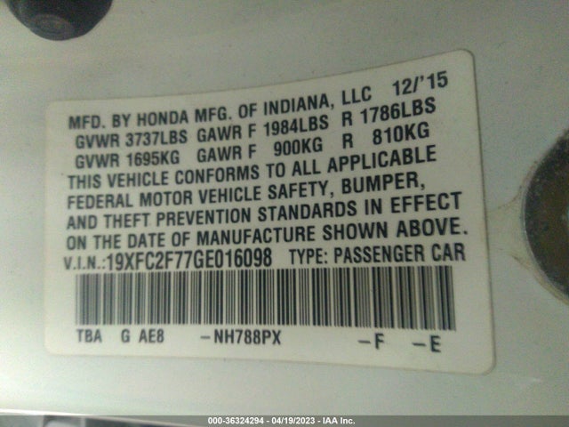 Honda Civic Sedan Ex 2016 19XFC2F77GE016098 Image 9