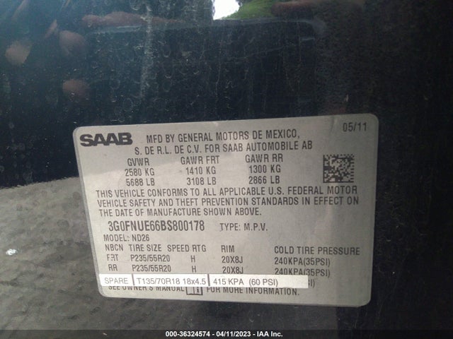 2011 SAAB 9-4X AERO VIN: 3G0FNUE66BS800178