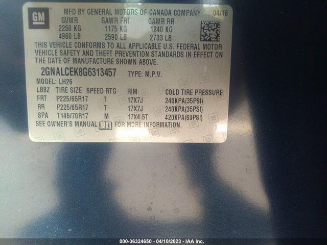 Chevrolet EQUINOX LT 2016 2GNALCEK8G6313457 Image 9