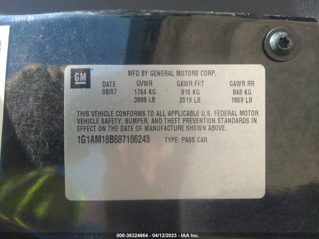 2008 CHEVROLET COBALT SPORT VIN: 1G1AM18B687106243