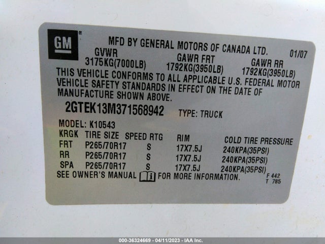 2007 GMC SIERRA 1500 SLT VIN: 2GTEK13M371568942