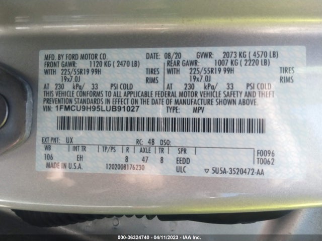 Ford ESCAPE SEL 2020 1FMCU9H95LUB91027 Image 7