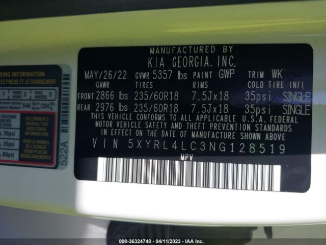 5XYRL4LC3NG128519 KIA SORENTO S