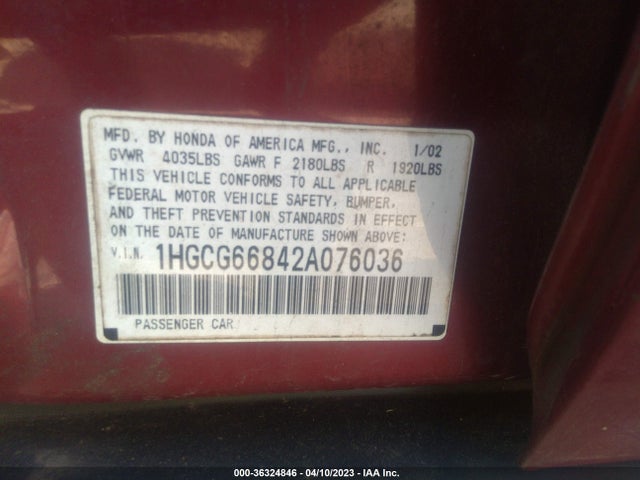 2002 HONDA ACCORD SDN SE/EX/EX W/LEATHER VIN: 1HGCG66842A076036