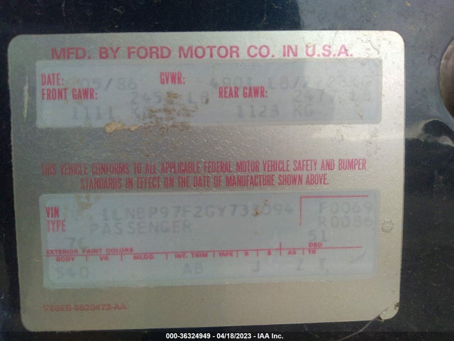 1986 LINCOLN CONTINENTAL VIN: 1LNBP97F2GY733094