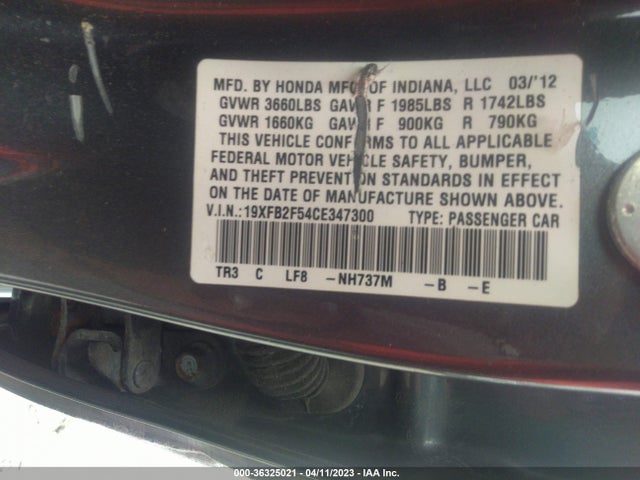 2012 HONDA CIVIC SDN LX VIN: 19XFB2F54CE347300