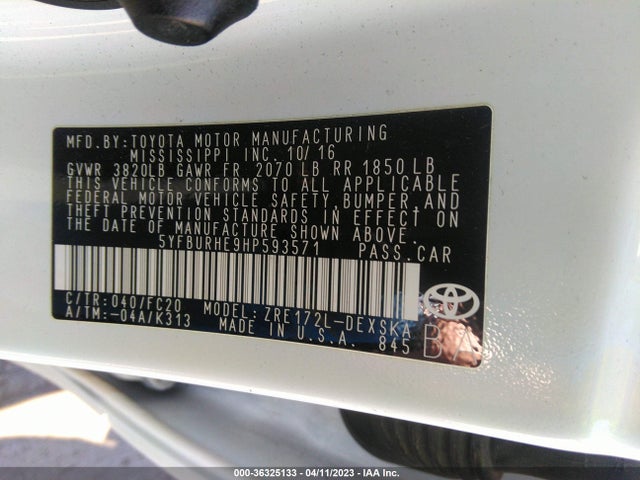 Toyota COROLLA SE 2017 5YFBURHE9HP593571 Image 9