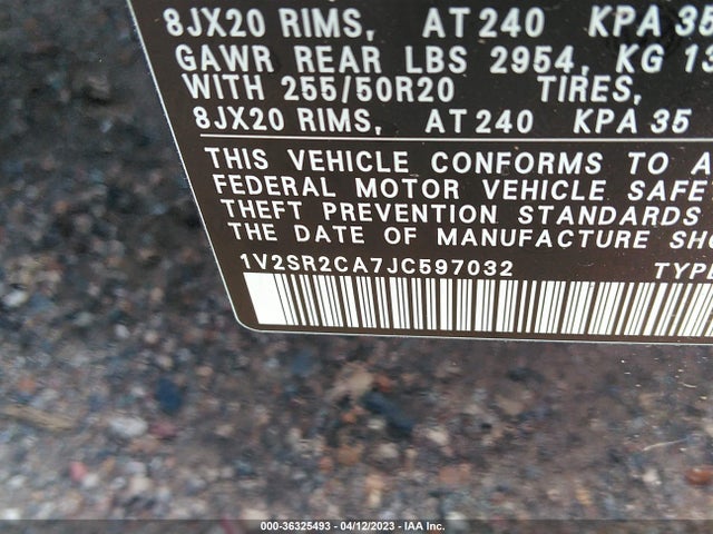 1V2SR2CA7JC597032 Volkswagen Atlas 3.6l V6 Sel