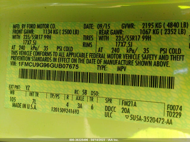 Ford ESCAPE SE 2016 1FMCU9G96GUB07675 Image 10