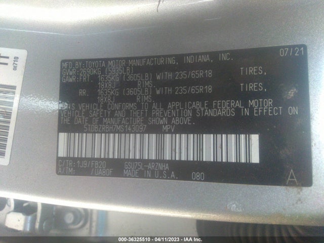 2021 TOYOTA HIGHLANDER L/LE VIN: 5TDBZRBH7MS143097