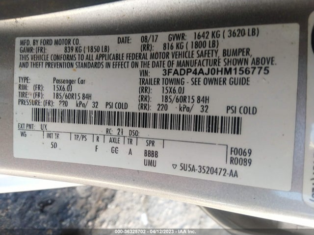 2017 FORD FIESTA S VIN: 3FADP4AJ0HM156775