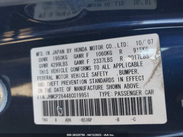 2008 HONDA ACCORD SDN LX-P VIN: JHMCP26448C019951