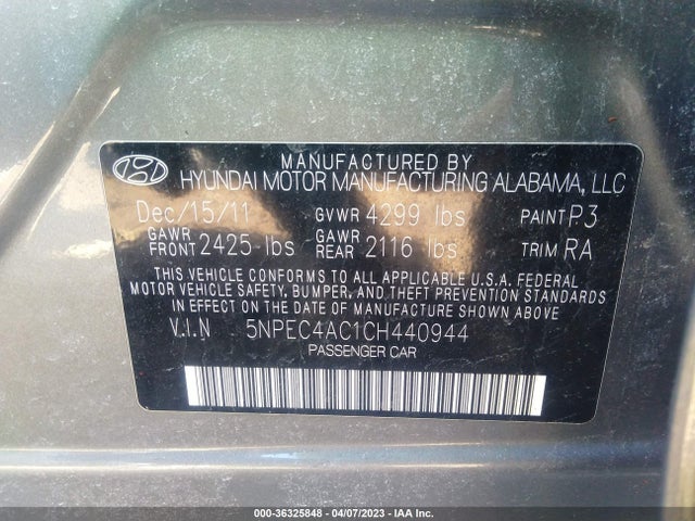 2012 HYUNDAI SONATA 2.4L LIMITED VIN: 5NPEC4AC1CH440944