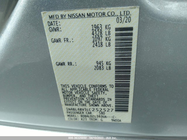 2020 NISSAN ALTIMA 2.5 S VIN: 1N4BL4BV3LC252527