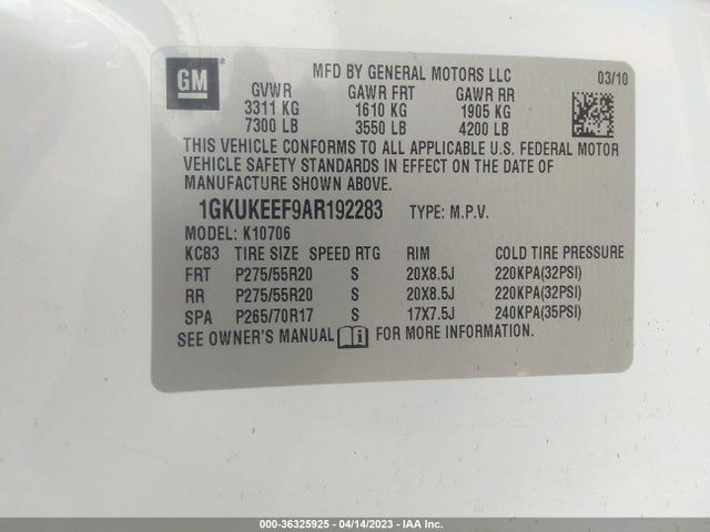 2010 GMC YUKON DENALI VIN: 1GKUKEEF9AR192283