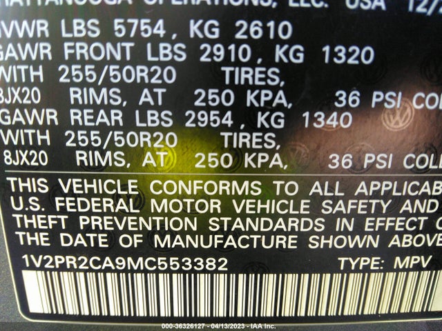 1V2PR2CA9MC553382 Volkswagen Atlas 3.6l V6 Se W