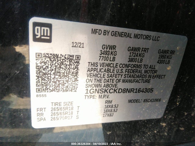 2022 Chevrolet Suburban, VIN: 1GNSKCKD8NR164305