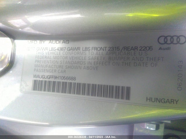 WAUGUGFF9H1056688 Audi A3 Sedan Premium Plus