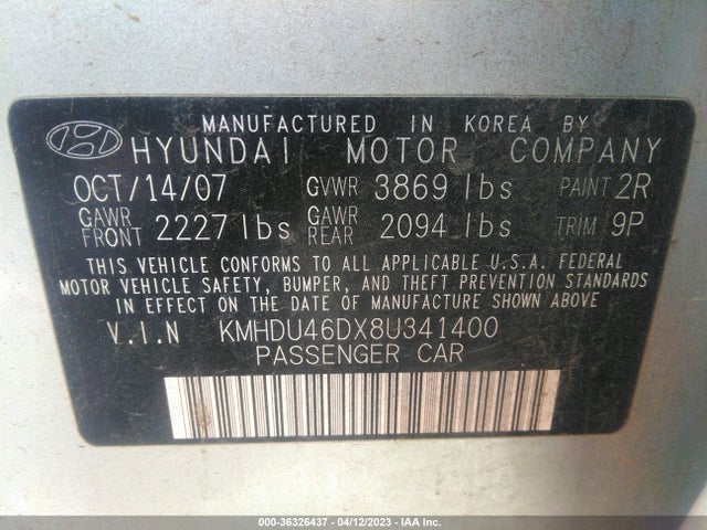 2008 HYUNDAI ELANTRA GLS/SE VIN: KMHDU46DX8U341400