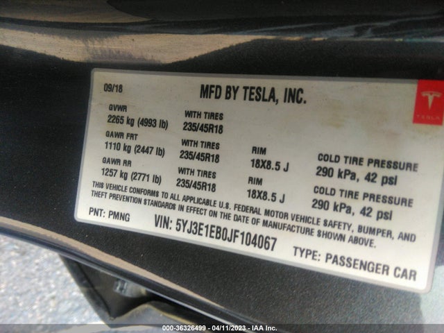 Tesla Model 3 Long Range 2018 5YJ3E1EB0JF104067 Image 9