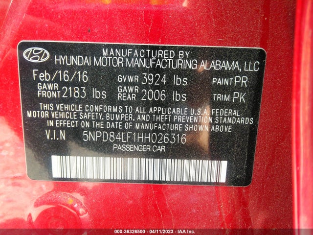 2017 HYUNDAI ELANTRA SE VIN: 5NPD84LF1HH026316