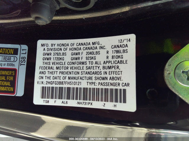 Honda Civic Coupe Ex 2015 2HGFG3B87FH510121 Image 9