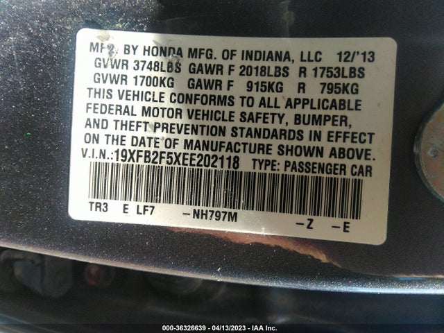 2014 HONDA CIVIC SEDAN LX VIN: 19XFB2F5XEE202118