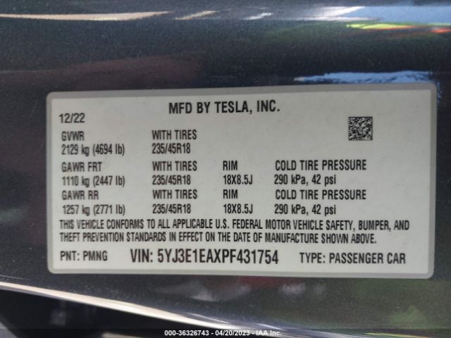 5YJ3E1EAXPF431754 Tesla MODEL 3