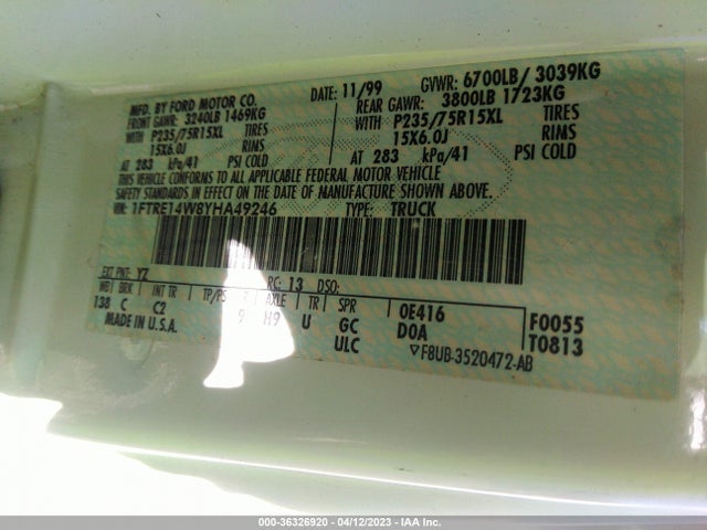 2000 FORD ECONOLINE CARGO VAN VIN: 1FTRE14W8YHA49246