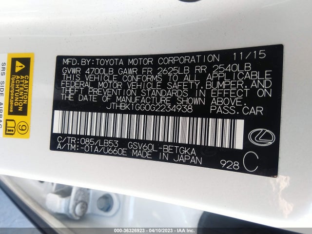 JTHBK1GG0G2234938 Lexus ES 350