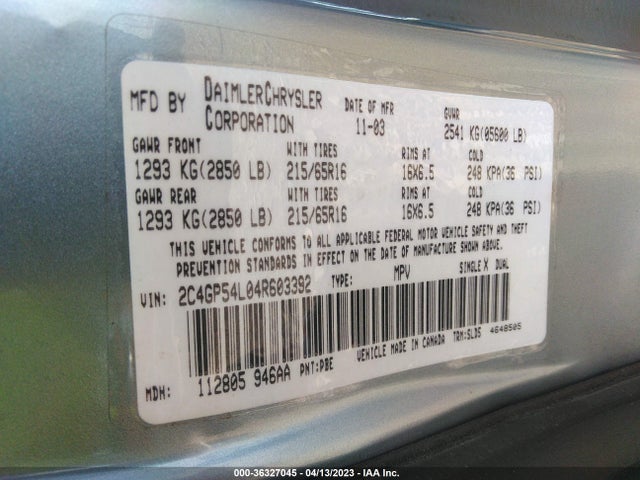 2004 CHRYSLER TOWN & COUNTRY TOURING VIN: 2C4GP54L04R603392