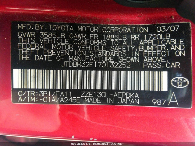 2007 TOYOTA COROLLA CE/S/LE VIN: JTDBR32E170132252