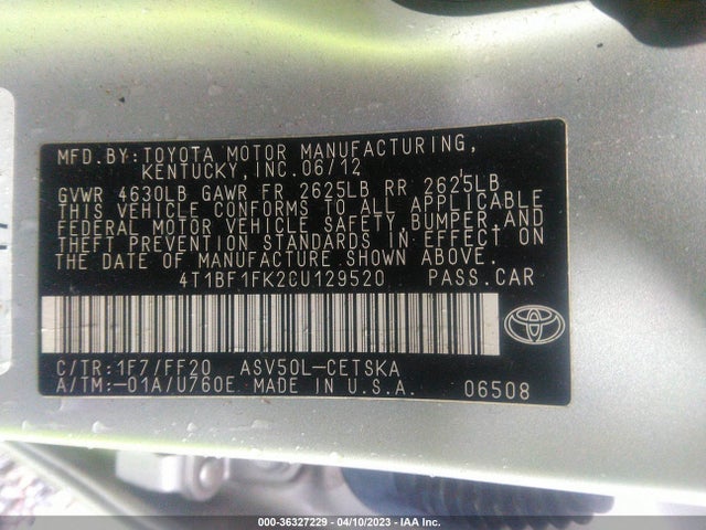 Продажа на аукционе авто 2012 Toyota Camry L/le/se/xle, vin: 4T1BF1FK2CU129520, номер лота: 36327229