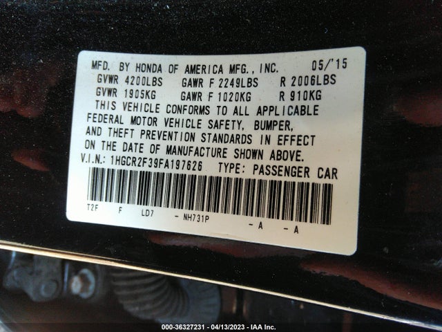 2015 HONDA ACCORD SEDAN LX VIN: 1HGCR2F39FA197626