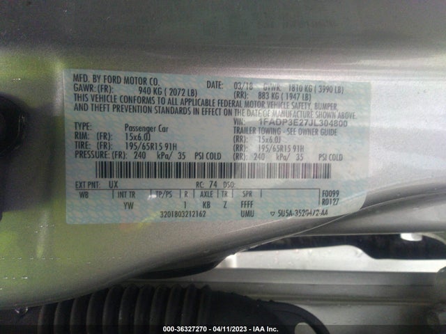 Продажа на аукционе авто 2018 Ford Focus S, vin: 1FADP3E27JL304800, номер лота: 36327270