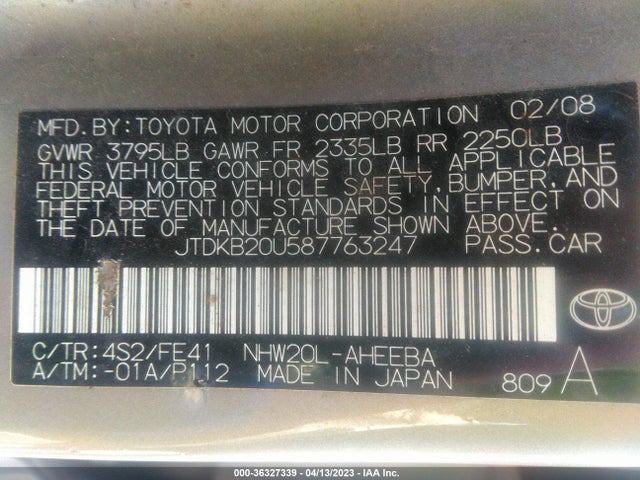 Aukcja sprzedaży 2008 Toyota Prius, vin: JTDKB20U587763247, numer aukcji: 36327339