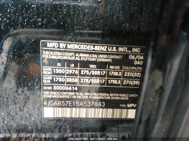 2005 MERCEDES-BENZ M-CLASS 3.7L VIN: 4JGAB57E15A537843