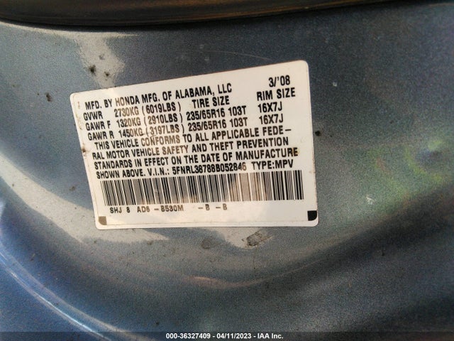 2008 HONDA ODYSSEY EX-L VIN: 5FNRL38788B052846