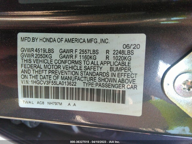 2020 HONDA ACCORD HYBRID EX-L VIN: 1HGCV3F55LA013622