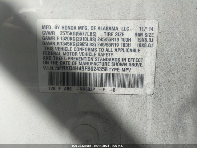 Acura Mdx Tech Pkg 2015 5FRYD4H49FB024358 Image 9