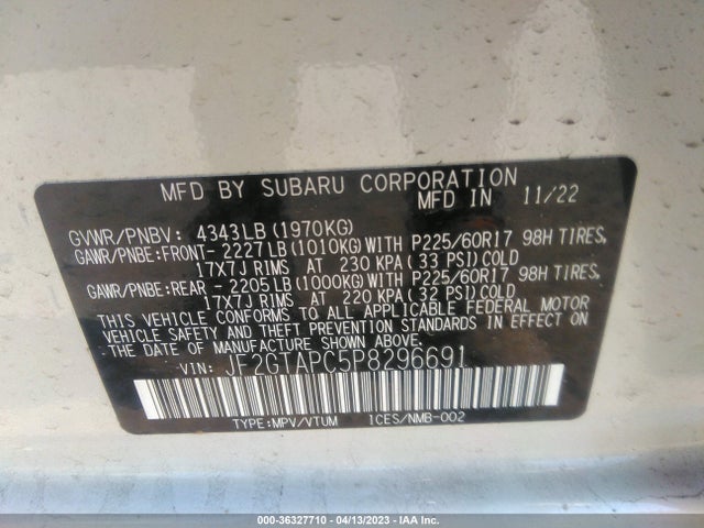 2023 SUBARU CROSSTREK PREMIUM VIN: JF2GTAPC5P8296691