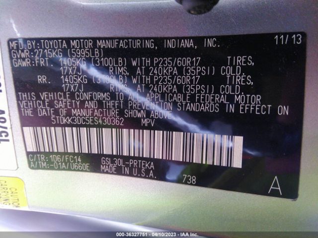 5TDKK3DC5ES430362 Toyota SIENNA LE