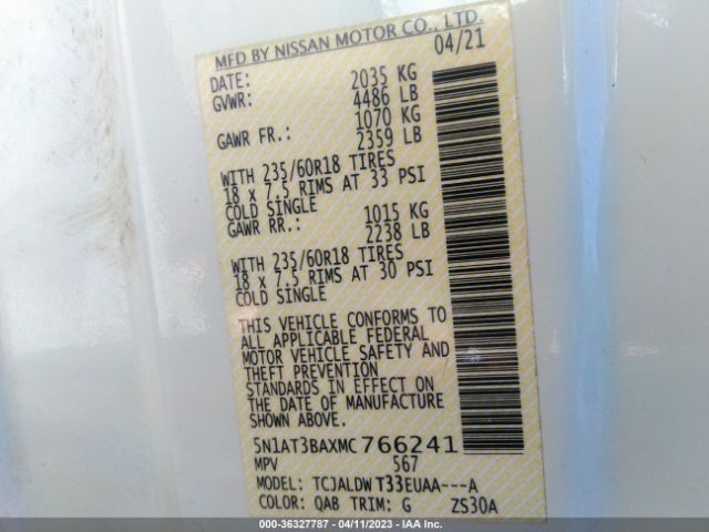 5N1AT3BAXMC766241 Nissan ROGUE SV