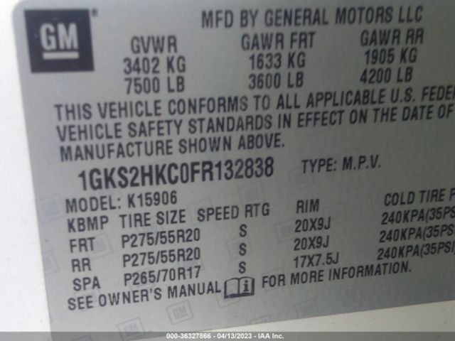 1GKS2HKC0FR132838 GMC Yukon Xl Slt