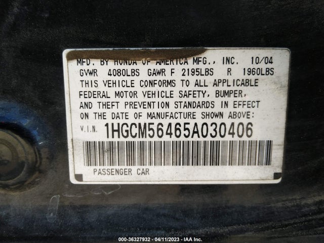 2005 HONDA ACCORD SDN LX VIN: 1HGCM56465A030406